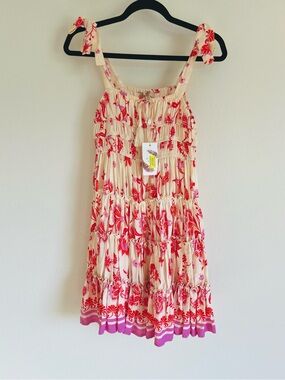 C & V Girls Floral Tie-Shoulder Sundress - Cream & Red
